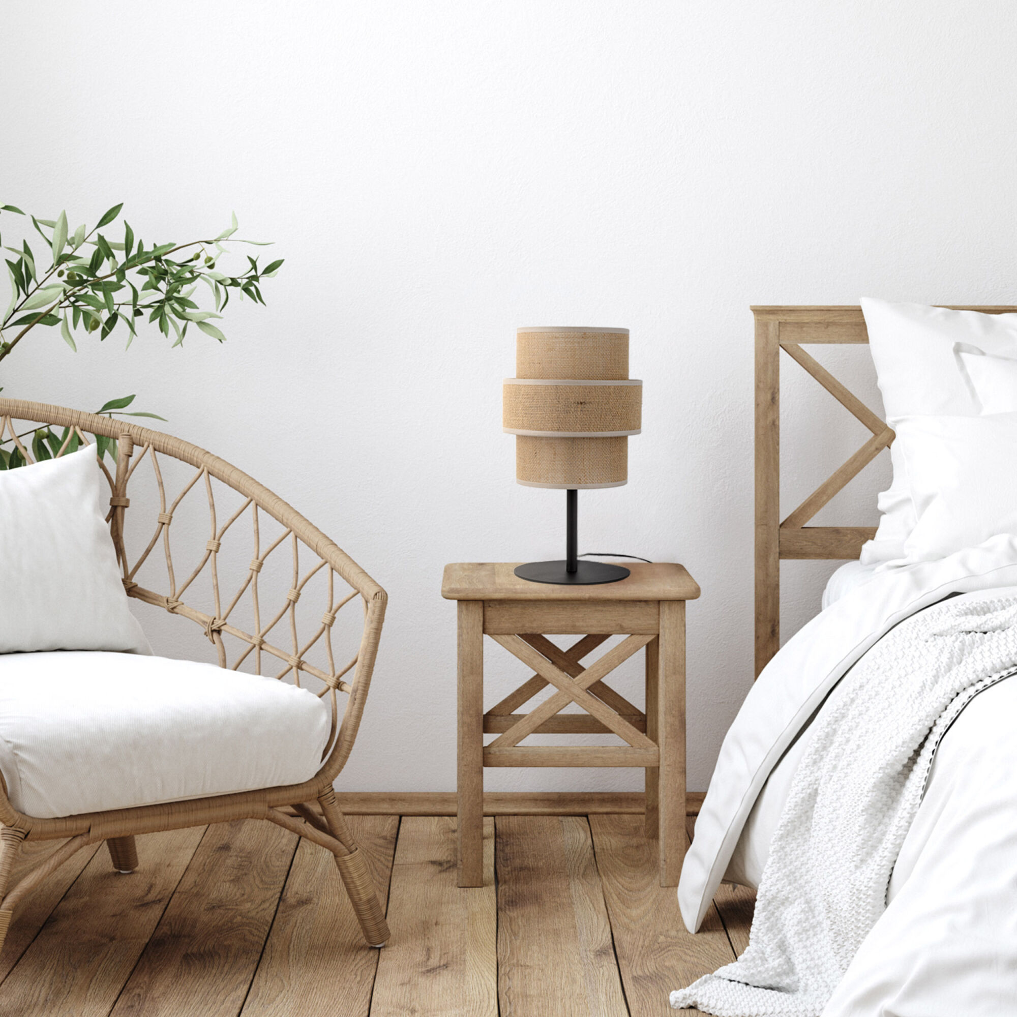 Scandinavian farmhouse bedroom interior, wall mockup, 3d render