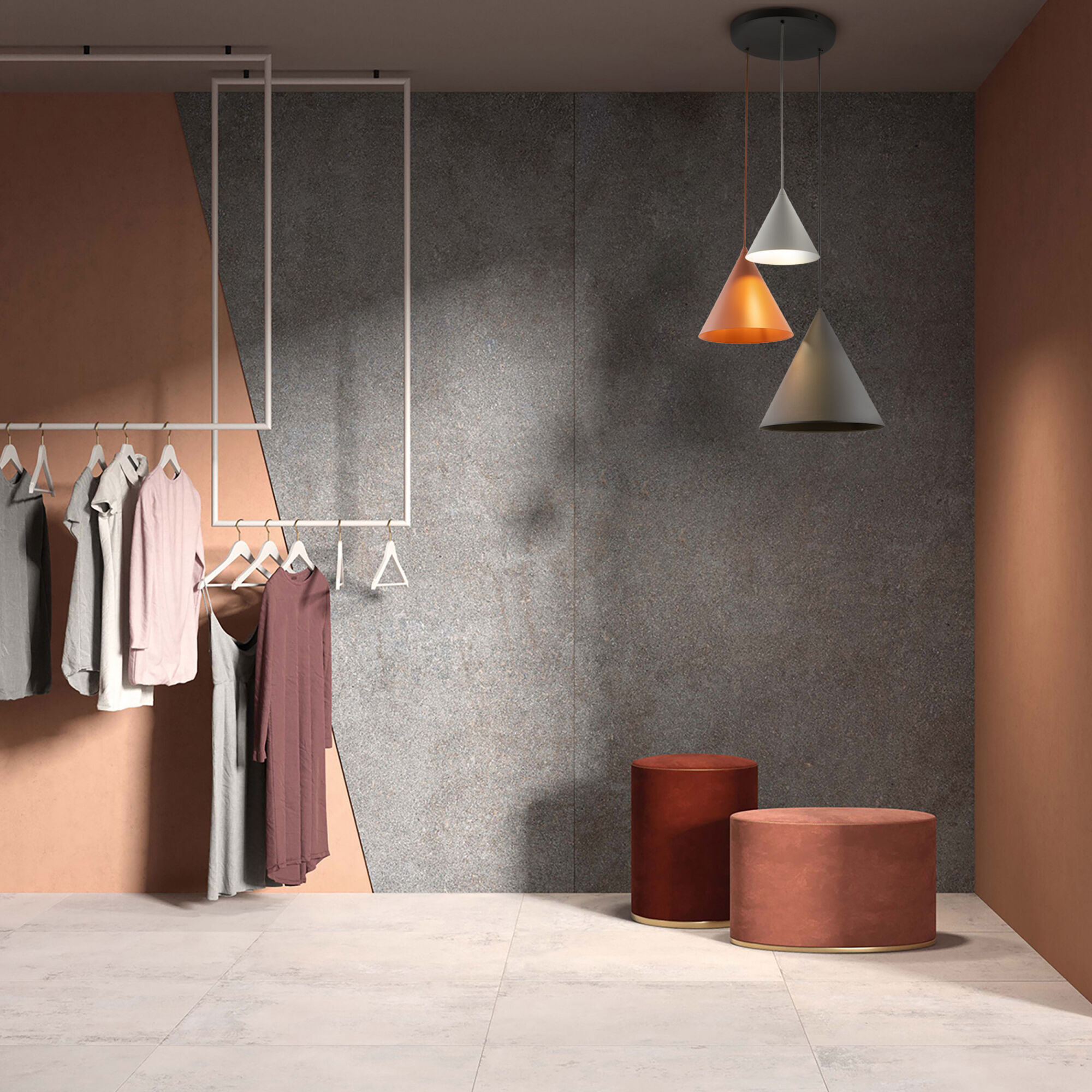 Luxury boutique interior with orange and grey walls, grey marble