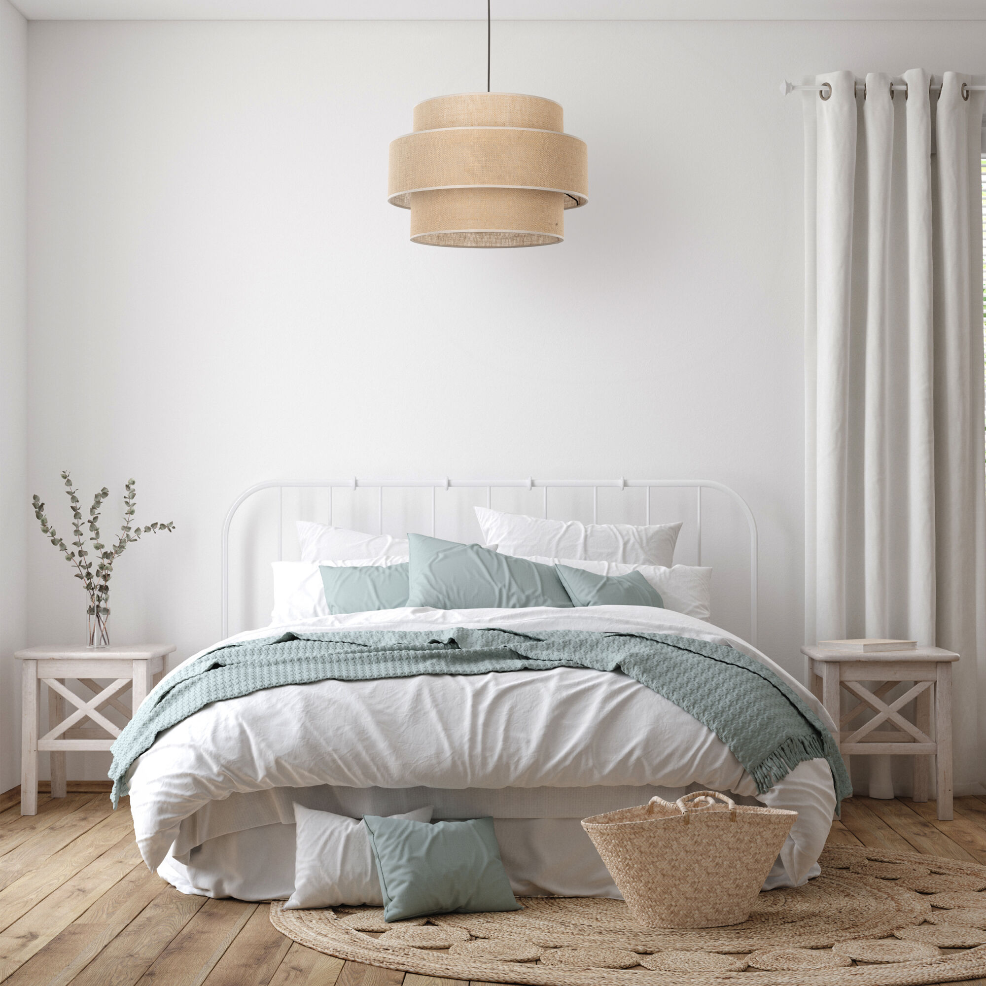 Light farmhouse bedroom interior with blank wall